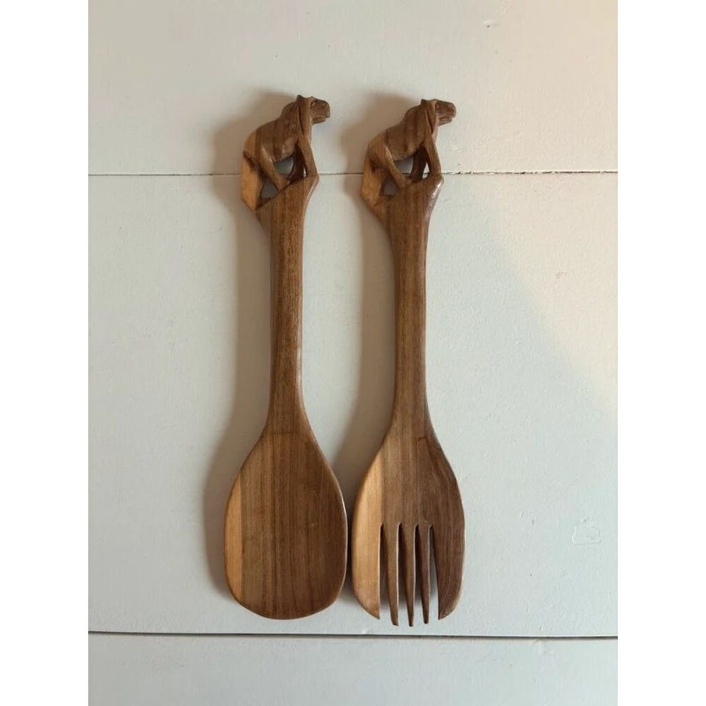 Vintage Hand Carved Wooden Lion Salad Servers Spoon and Fork Set